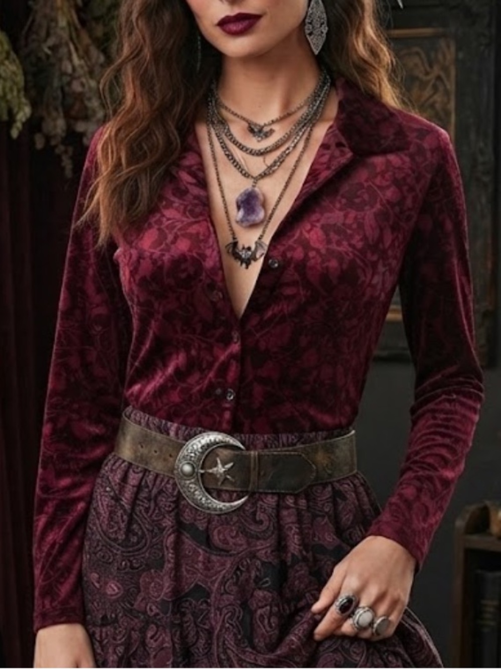 Y2K Burgundy Velvet Burnout Floral Button-Down Whimsigoth Shirt – Size PM